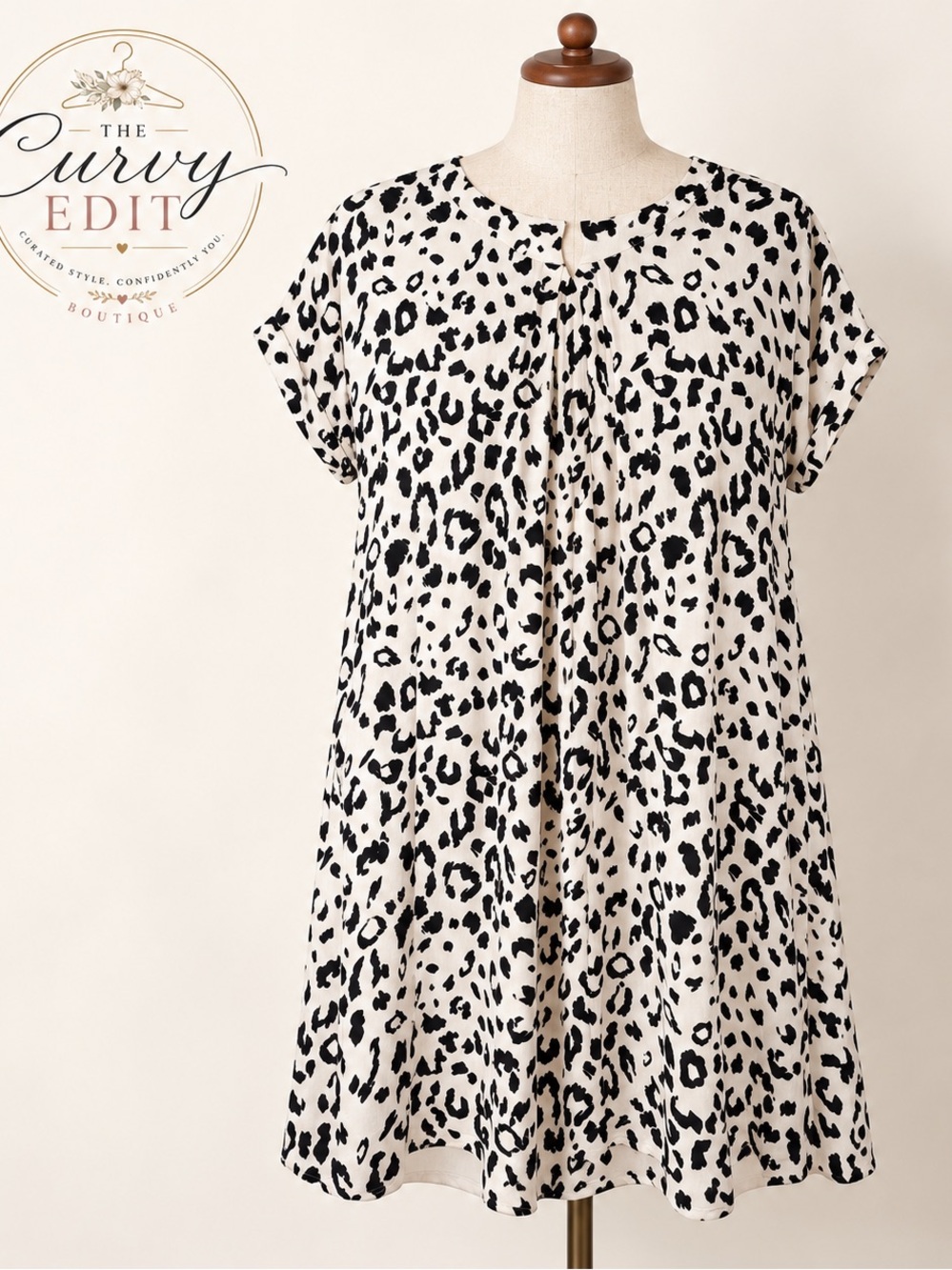 Andrée by Unit Cream Black Leopard Print Swing Shift Dress Keyhole Boho Chic